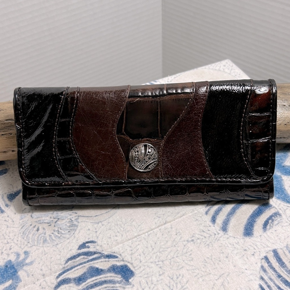 Brighton Croc Embossed Leather Wallet Shiny Brown & Black Multi Compartment